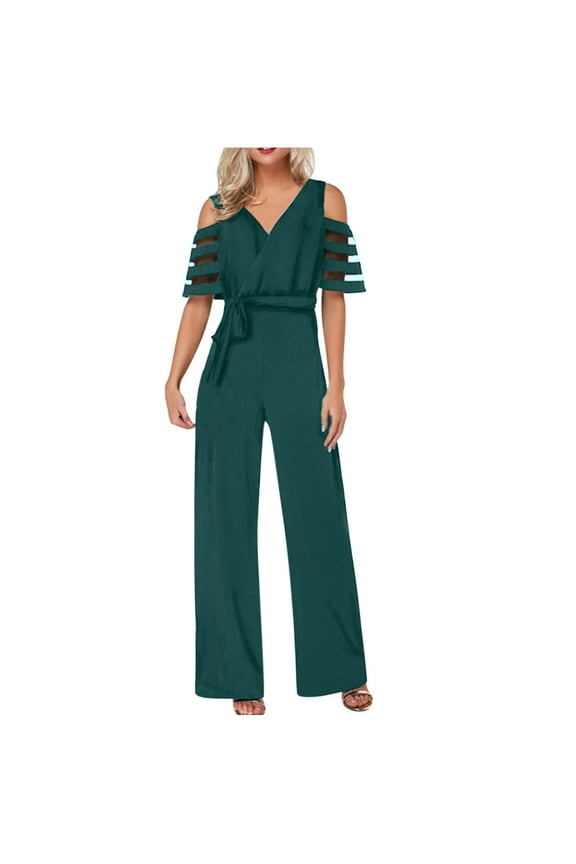 Clearance! Ohufall Jumpsuits for Women, Fashion Casual Solid Color Mesh Short Sleeve Wide Leg Trousers Jumpsuit Overalls Women, Rompers for Women, Onesie for Women Clearance