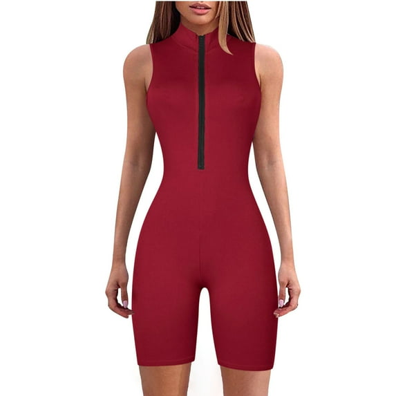 Clearance! Ohufall Jumpsuits for Women, High Neck Zipper Jumpsuit Solid Color Jumpsuit Shorts Tight Jumpsuit Overalls Women, Rompers for Women, Onesie for Women Clearance