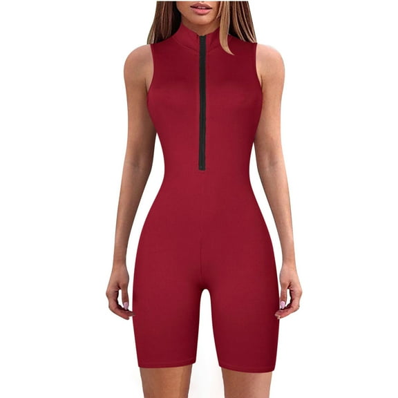 Clearance! Ohufall Jumpsuits for Women, High Neck Zipper Jumpsuit Solid Color Jumpsuit Shorts Tight Jumpsuit Overalls Women, Rompers for Women, Onesie for Women Clearance