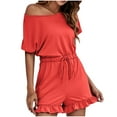thumbnail image 1 of Clearance! Ohufall Jumpsuits for Women, Round Neck Short Sleeves With Pocket Shorts Jumpsuit Slanted Shoulder Wear Overalls Women, Rompers for Women, Onesie for Women Clearance, 1 of 6
