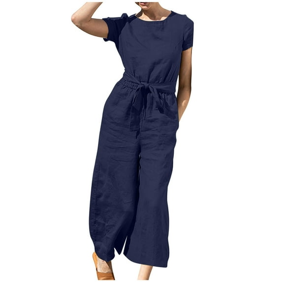Clearance! Ohufall Jumpsuits for Women, Short Sleeve Pocket Solid Color Loose Straight Pants Fashion Romper Pants With Pocket Overalls Women, Rompers for Women, Onesie for Women Clearance