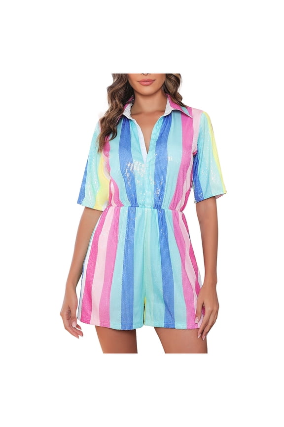 Clearance! Ohufall Jumpsuits for Women, Turndown Collar Short Sleeve Multicolor Striped Sequin Shorts Rompers Jumpsuits Overalls Women, Rompers for Women, Onesie for Women Clearance