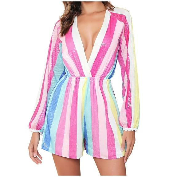 Clearance! Ohufall Jumpsuits for Women, V-Neck Lantern Sleeve Multicolor Striped Sequin Short Rompers Jumpsuits Overalls Women, Rompers for Women, Onesie for Women Clearance