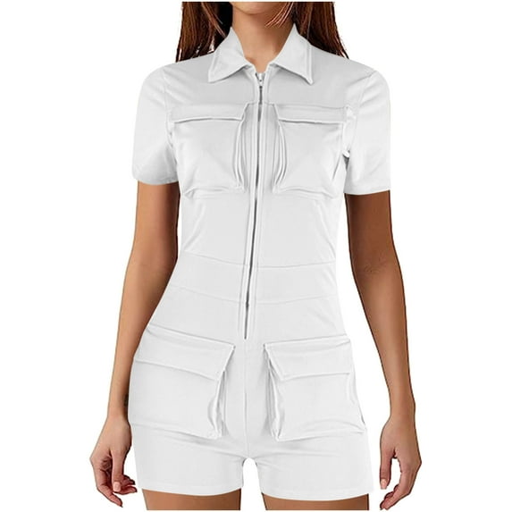Clearance! Ohufall Jumpsuits for Women, Zip Pockets Solid Color Work Lapel Jumpsuit Shorts Tight Jumpsuit Overalls Women, Rompers for Women, Onesie for Women Clearance