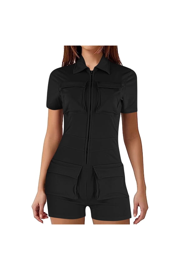 Clearance! Ohufall Jumpsuits for Women, Zip Pockets Solid Color Work Lapel Jumpsuit Shorts Tight Jumpsuit Overalls Women, Rompers for Women, Onesie for Women Clearance