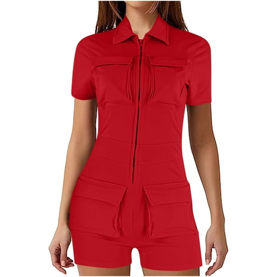 Clearance! Ohufall Jumpsuits for Women, Zip Pockets Solid Color Work Lapel Jumpsuit Shorts Tight Jumpsuit Overalls Women, Rompers for Women, Onesie for Women Clearance