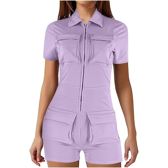 Clearance! Ohufall Jumpsuits for Women, Zip Pockets Solid Color Work Lapel Jumpsuit Shorts Tight Jumpsuit Overalls Women, Rompers for Women, Onesie for Women Clearance