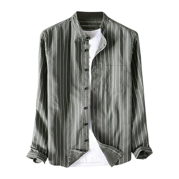 Ohufall Mens Shirts,Long Sleeve Shirts for Men,Striped Cotton Linen Shirt Long Sleeved Standing Collar Button Up Shirt Fashionable Casual Shirt Top Blouse