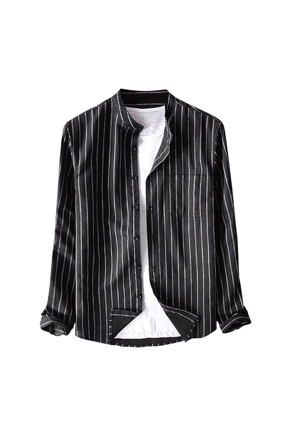 Mens Shirts,Long Sleeve Shirts for Men,Striped Cotton Linen Shirt Long Sleeved Standing Collar Button Up Shirt Fashionable Casual Shirt Top Blouse