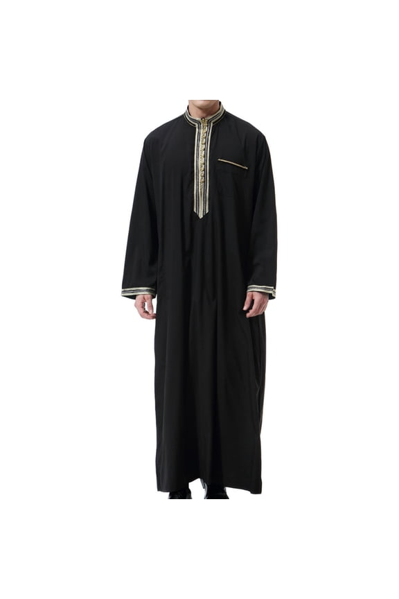 Clearance! Ohufall Thobe,Robe for Men, Muslim Robe Arab Middle Robe Long Style Long Sleeve Embroidered Standing Neck Pocket Long Shirt Fashion Casual Robe Muslim Clothes for Men Clearance