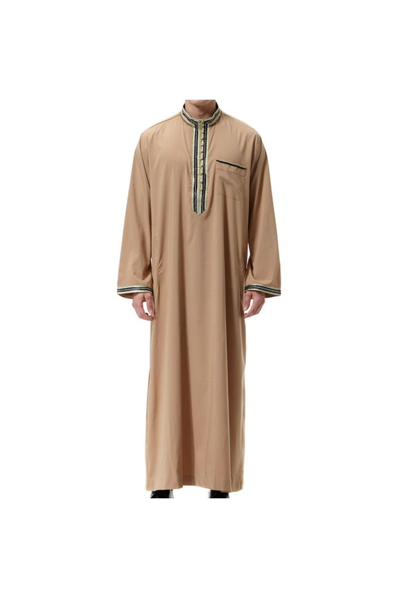 Clearance! Ohufall Thobe,Robe for Men, Muslim Robe Arab Middle Robe Long Style Long Sleeve Embroidered Standing Neck Pocket Long Shirt Fashion Casual Robe Muslim Clothes for Men Clearance