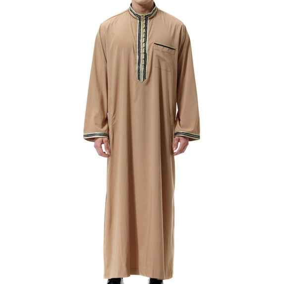 Clearance! Ohufall Thobe,Robe for Men, Muslim Robe Arab Middle Robe Long Style Long Sleeve Embroidered Standing Neck Pocket Long Shirt Fashion Casual Robe Muslim Clothes for Men Clearance
