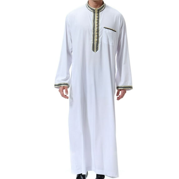 Clearance! Ohufall Thobe,Robe for Men, Muslim Robe Arab Middle Robe Long Style Long Sleeve Embroidered Standing Neck Pocket Long Shirt Fashion Casual Robe Muslim Clothes for Men Clearance