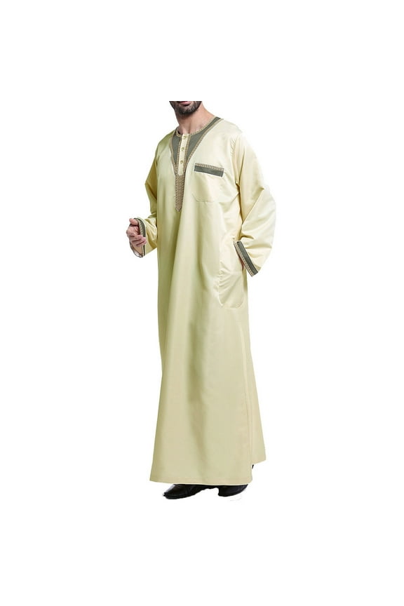 Clearance! Ohufall Thobe,Robe for Men, Muslim Robe Arab Middle Robe Pattern Embroidery Long Sleeve Standing Neck Pocket Long Shirt Fashion Casual Robe Muslim Clothes for Men Clearance