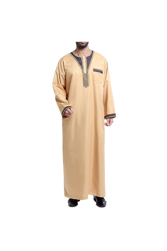Clearance! Ohufall Thobe,Robe for Men, Muslim Robe Arab Middle Robe Pattern Embroidery Long Sleeve Standing Neck Pocket Long Shirt Fashion Casual Robe Muslim Clothes for Men Clearance