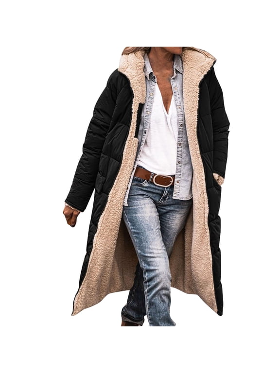 Heated Jackets For Women Trench Coat For Women Ladies Fashionable Warm Winter Coat Double Faced Long Sleeve Hooded Down Jacket Long Coat Women Black S