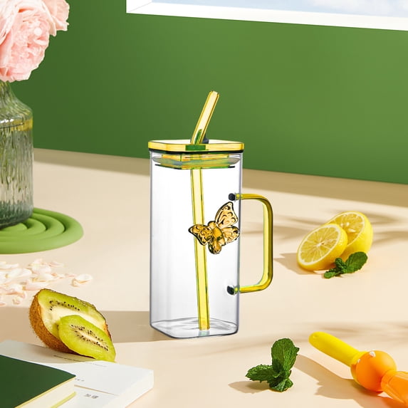 Clearance! Bpyeka Water Cup Square Glass Tumbler with Handle Double-Wall Glass Straw Cup Stylish Two-Way Straw Tumbler Elegant Handle Glassware Set Home and Kitchen
