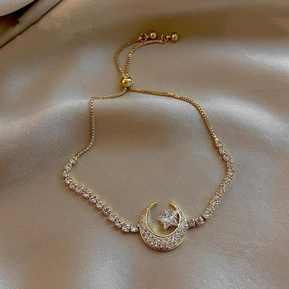 Clearance! Bracelets Kitecy Sparkling Cubic Zirconia Adjustable Slider Tennis Charm Bracelet for Women Moon and in Hand Bracelet, Gold Lady Bracelet Clearance Sale, 1*Bracelet, One Size