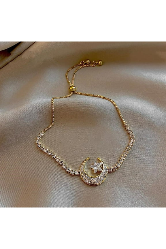 Clearance! Bracelets Kitecy Sparkling Cubic Zirconia Adjustable Slider Tennis Charm Bracelet for Women Moon and in Hand Bracelet, Gold Lady Bracelet Clearance Sale, 1*Bracelet, One Size
