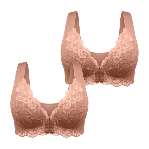 Bras! Ashirexll 2PC Front Closure Bras for Women, Plus Size Solid Color Lace Full Coverage Breathable Traceless Gathering Lightweight Sexy Bras Coffee A 5XL