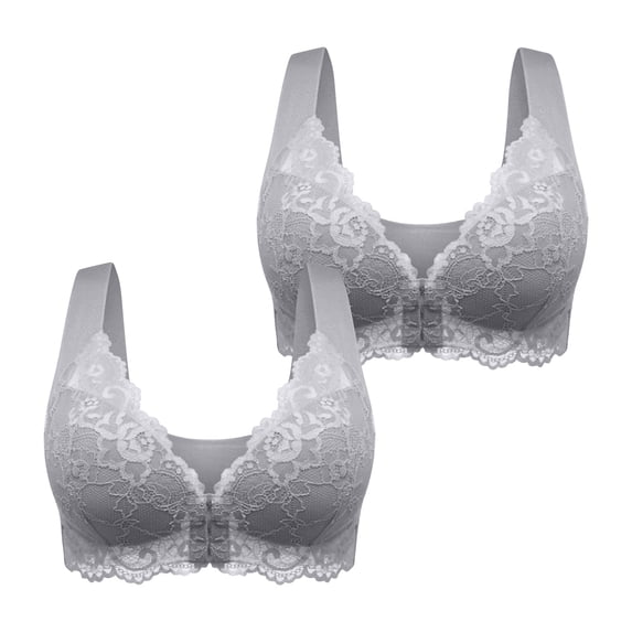 Bras! Ashirexll 2PC Front Closure Bras for Women, Plus Size Solid Color Lace Full Coverage Breathable Traceless Gathering Lightweight Sexy Bras Gray A 3XL