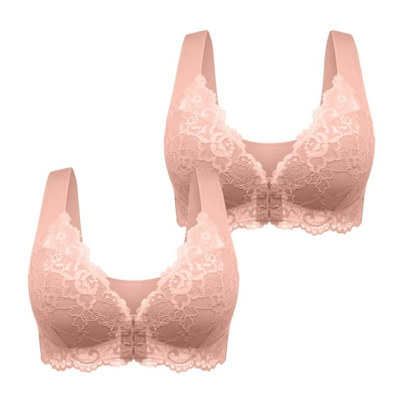 Bras! Ashirexll 2PC Front Closure Bras for Women, Plus Size Solid Color Lace Full Coverage Breathable Traceless Gathering Lightweight Sexy Bras Khaki XL