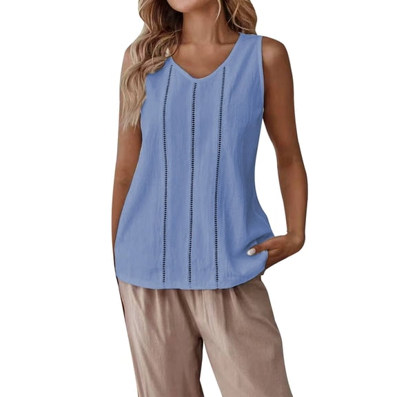 Clearance! Breezora 2025 Women's Cotton Linen Casual Vest with Lace Hollow Sleeves M Size Blue