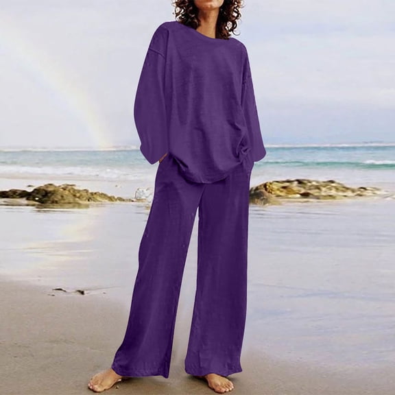 Brilliant Two Piece Summer Outfits Women Fall Women's Casual Long Sleeve Round Neck Top/ Long Pants Set Loose Straight Tube Pants with Pocket Purple L