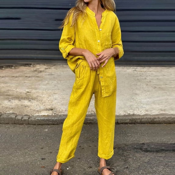 !Brilliant Two Piece Summer Outfits Women Women's Solid Color Round Neck Short Sleeve Tops and Pants Sets with Pockets Yellow 4x