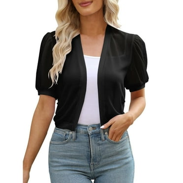 Clearance!Bunenne Cropped Cardigan Short Sleeve Tops Women Puff Sleeve Front Summer Cropped Jackets Cardigan Cardigan for Women Black L