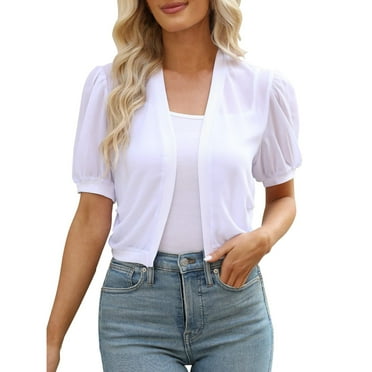 Clearance!Bunenne Cropped Cardigan Short Sleeve Tops Women Puff Sleeve Front Summer Cropped Jackets Cardigan Cardigan for Women White S