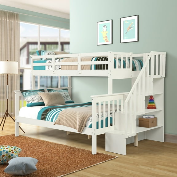Clearance! Bunk Bed Twin-Over-Full, Twin Daybed and Frame Sets, Premium Firm Feel Solid Wood Support with Ladder and Safety Rail, Roll Out w/4 Storage Shelves, 250lbs, White, S1920