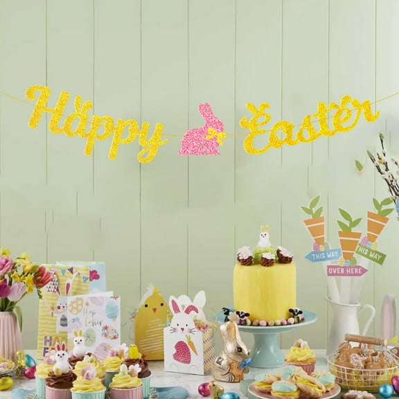Clearance Bunny Decor Easter Themed Glitter Paper Flag Bunny Eggs Lettering Happy Easter Holiday Decoration Party Flag