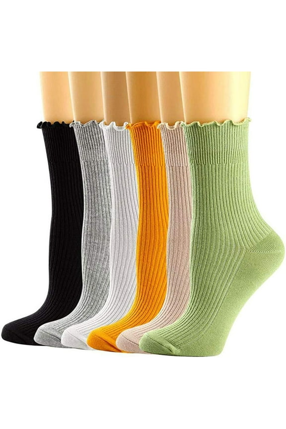 6 Pairs Womens Socks Solid Color Cotton Mid Calf Socks Fashion Ruffle Socks Casual Cozy Pleated Crew Socks Breathable Dress Dance Boot Socks