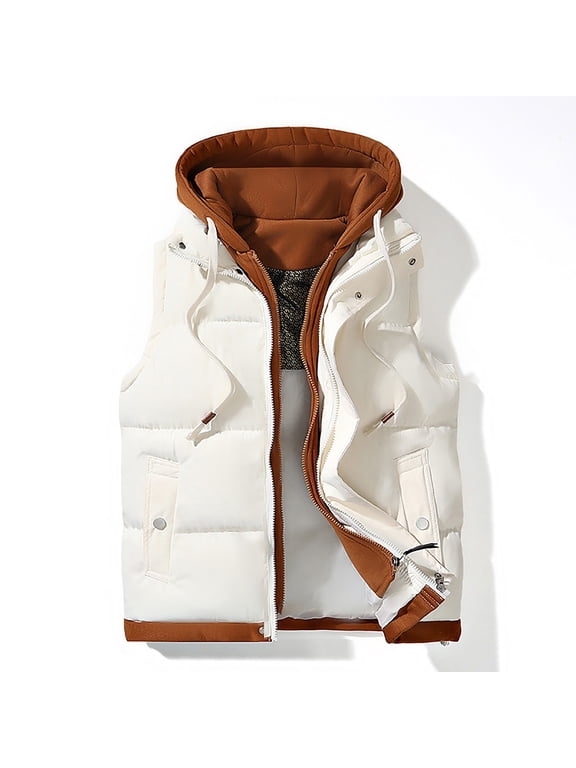 Mens Winter Vest Casual Hooded Drawstring Puffer Vest Solid Color Zipper Button Outerwear Vests Sleeveless Warm Winter Vest Jacket Plus Size Puffy Vest with Pockets L-5XL