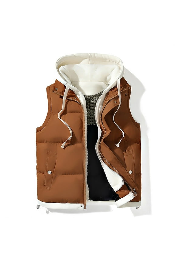 Mens Winter Vest Casual Hooded Drawstring Puffer Vest Solid Color Zipper Button Outerwear Vests Sleeveless Warm Winter Vest Jacket Plus Size Puffy Vest with Pockets L-5XL