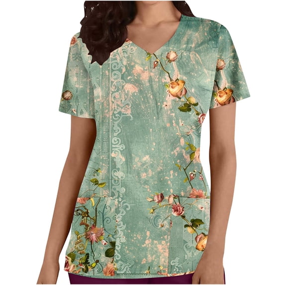 Busydd Scrub Tops Women Fashion Floral Print Green Scrubs for Women Casual Short Sleeve V Neck Work Nursing Uniform Tops Comfy Oversized Workwear with Pockets