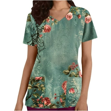Busydd Scrub Tops Women Fashion Floral Print Green Scrubs for Women Casual Short Sleeve V Neck Work Nursing Uniform Tops Comfy Oversized Workwear with Pockets