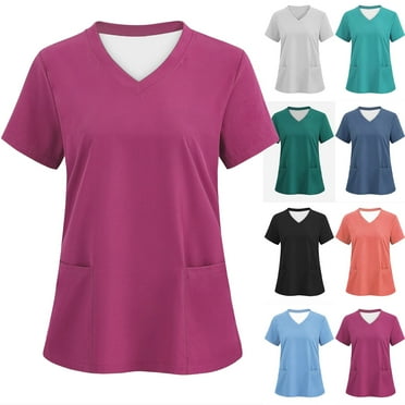 Busydd Scrub Tops Women Fashion Solid Color Working Scrubs for Women Casual Short Sleeve V Neck Nursing Tops Comfy Classic Tunic Working Uniform with Pockets