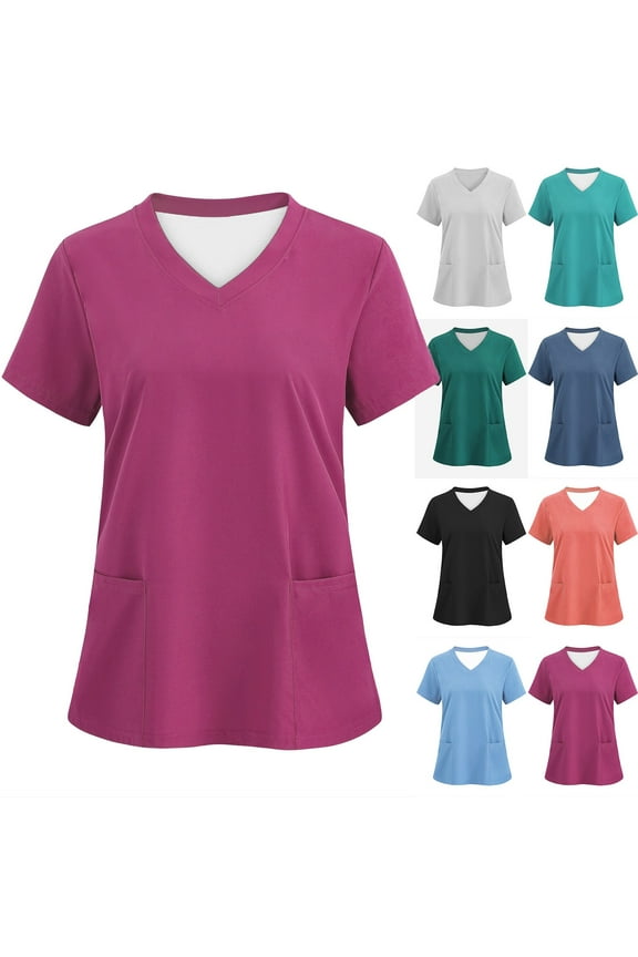 Scrub Tops Women Fashion Solid Color Working Scrubs for Women Casual Short Sleeve V Neck Nursing Tops Comfy Classic Tunic Working Uniform with Pockets
