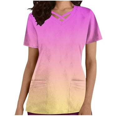 Busydd Scrub Tops Women Trendy Short Sleeve V Neck Scrubs for Women Casual Oversized Nursing Uniform Tops Comfy Gradient Color Workwear with Pockets