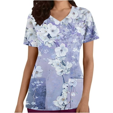 Busydd Scrubs for Women Fashion Purple Floral Print Scrub Tops Women Casual Short Sleeve V Neck Work Nursing Uniform Tops Comfy Oversized Workwear with Pockets