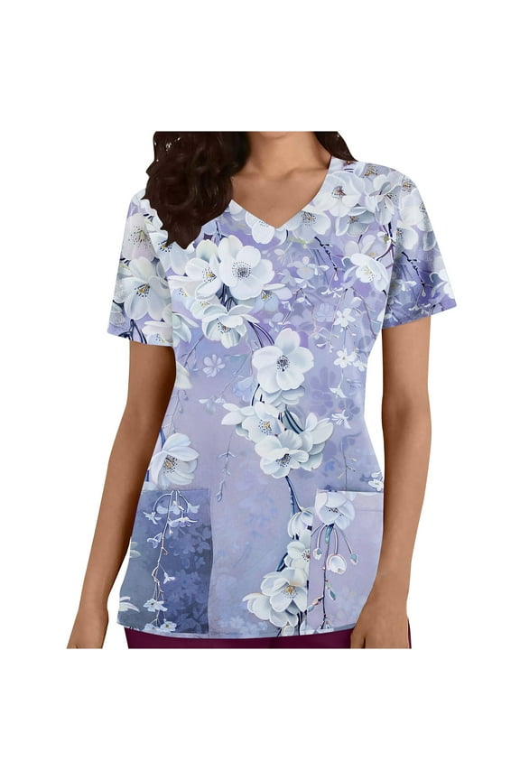 Scrubs for Women Fashion Purple Floral Print Scrub Tops Women Casual Short Sleeve V Neck Work Nursing Uniform Tops Comfy Oversized Workwear with Pockets