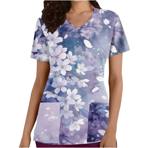 Busydd Scrubs for Women Fashion Purple Floral Print Scrub Tops Women Casual Short Sleeve V Neck Work Nursing Uniform Tops Comfy Oversized Workwear with Pockets