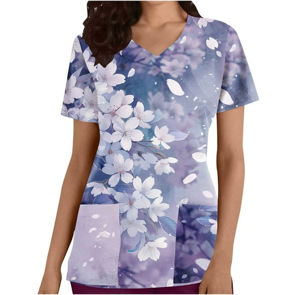 Busydd Scrubs for Women Fashion Purple Floral Print Scrub Tops Women Casual Short Sleeve V Neck Work Nursing Uniform Tops Comfy Oversized Workwear with Pockets