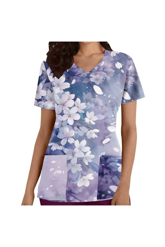 Scrubs for Women Fashion Purple Floral Print Scrub Tops Women Casual Short Sleeve V Neck Work Nursing Uniform Tops Comfy Oversized Workwear with Pockets