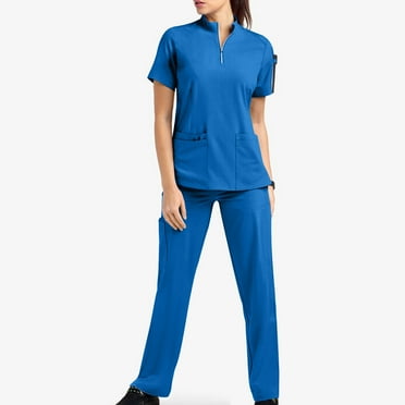 Busydd Scrubs for Women Set Short Sleeve Stand Collar Zipper Scrubs Tops Jogger Scrub Pants for Women Casual Stretch Solid Color Nursing Uniform Workwear Sets with Pockets