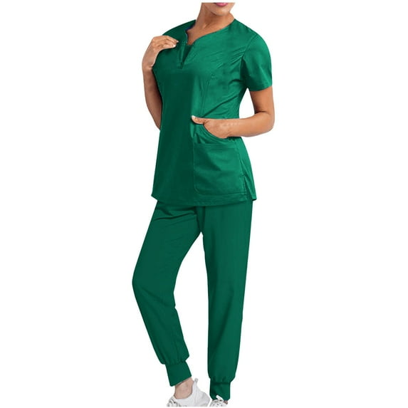 Busydd Scrubs for Women Set Short Sleeve V Neck Zipper Scrubs Tops Jogger Scrub Pants for Women Casual Stretch Solid Color Nursing Uniform Workwear with Pockets