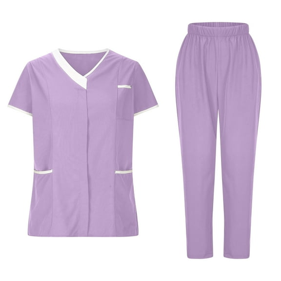 Busydd Scrubs for Women Set Solid Color Short Sleeve V Neck Scrubs Tops Jogger Scrub Pants for Women Casual Stretch Oversized Work Nursing Uniform Sets with Pockets