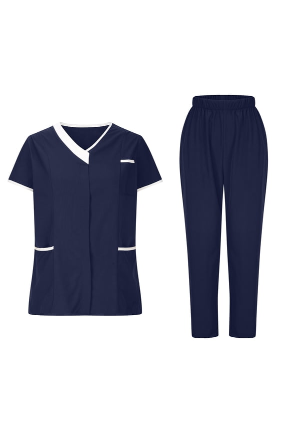Scrubs for Women Set Solid Color Short Sleeve V Neck Scrubs Tops Jogger Scrub Pants for Women Casual Stretch Oversized Work Nursing Uniform Sets with Pockets